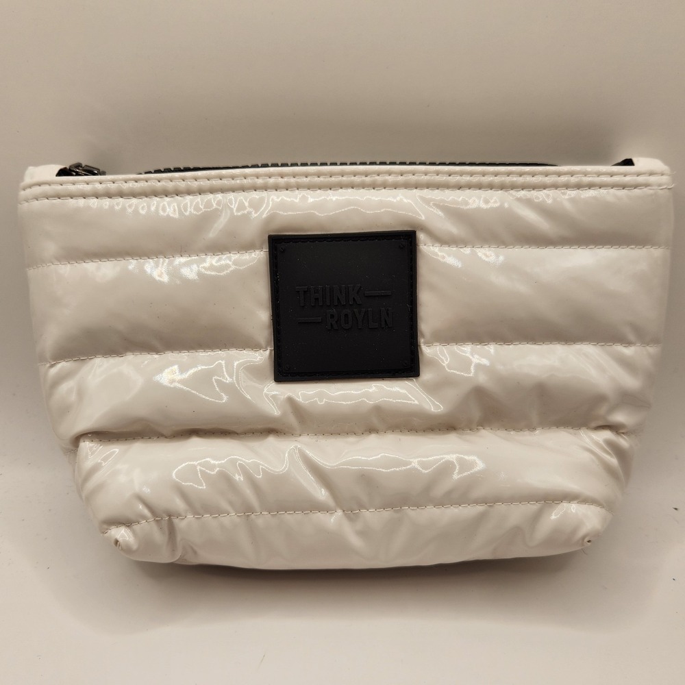 Think Royln Puffer Cosmetic Bag Pouch Glossy Off White Cream Travel Makeup Case